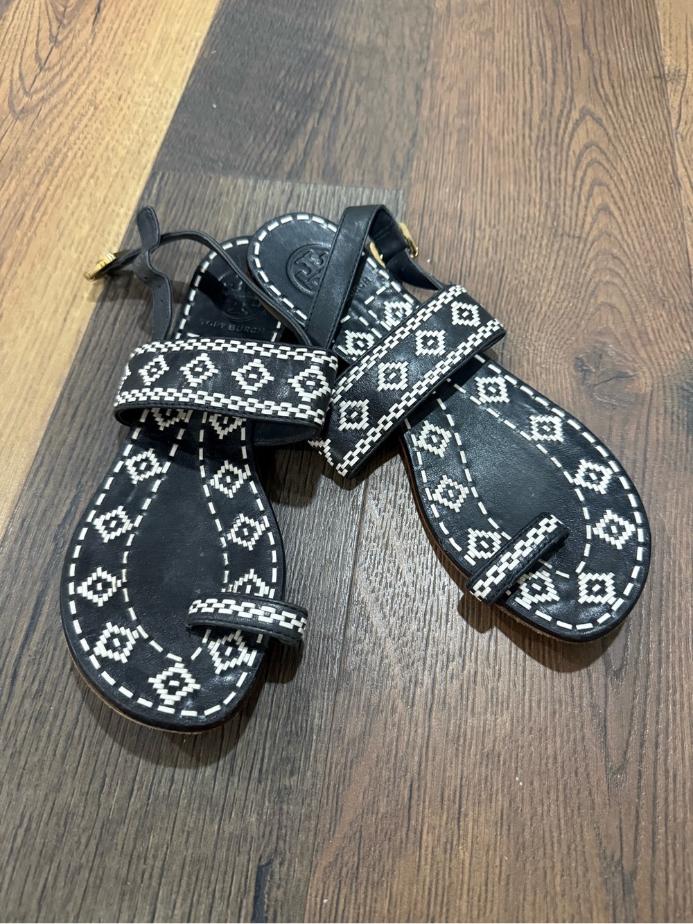 Tory Burch Black Embroidered Toe-Ring Sandals
